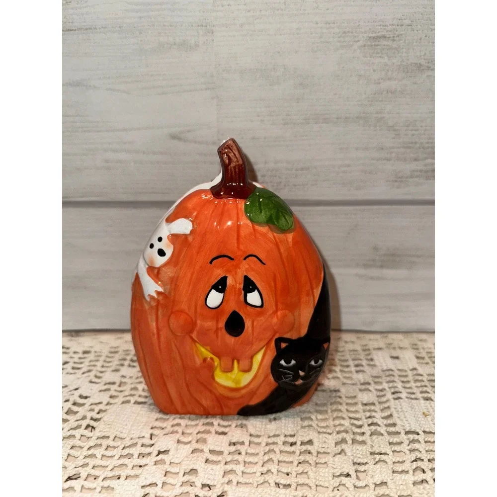 Vintage Halloween Ceramic Napkin Holder Pumpkin Jack-O-Lantern Ghost Black Cat